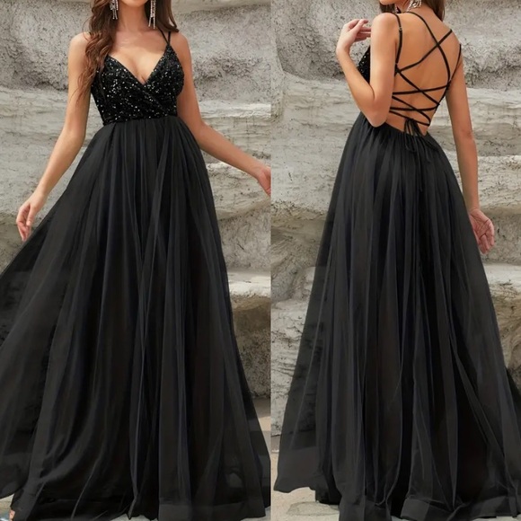 Luxe lace up back mesh sequins bodice party formal prom wedding gown dress - Picture 5 of 16